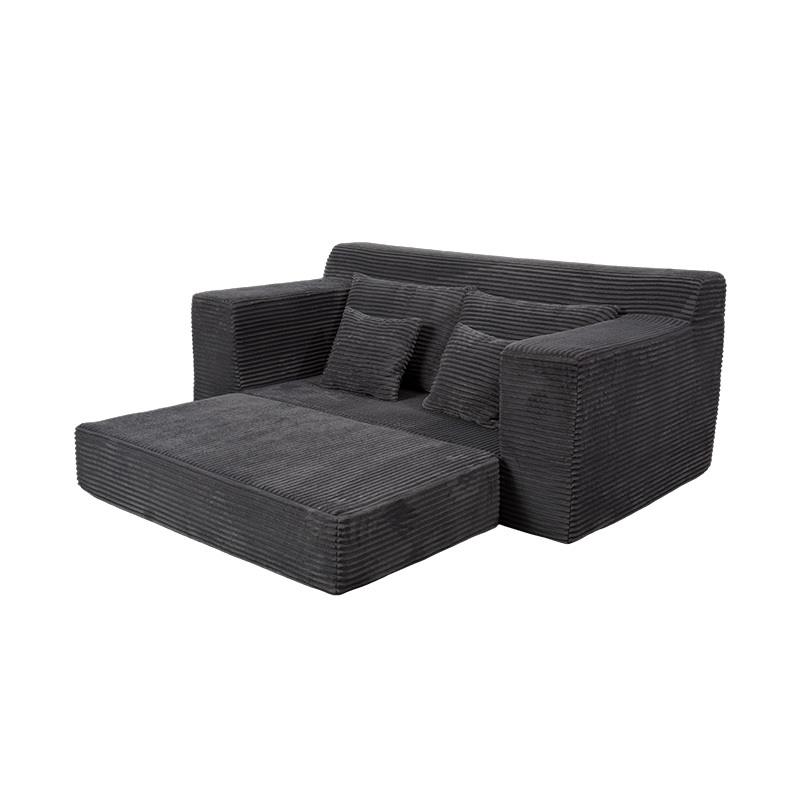Sofá-cama modular transformável em veludo cotelê cinza escuro com várias almofadas Sofá-cama modular transformável em veludo cotelê cinza escuro com várias almofadas