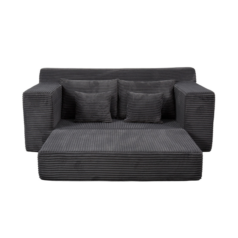 Sofá-cama modular transformável em veludo cotelê cinza escuro com várias almofadas Sofá-cama modular transformável em veludo cotelê cinza escuro com várias almofadas