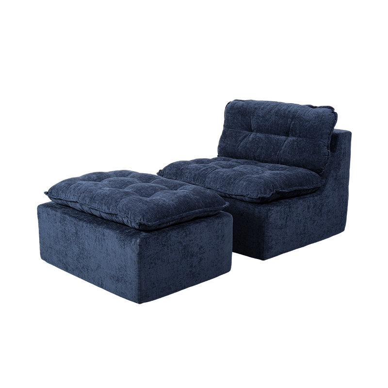 Conjunto de sofá modular de espuma completa em veludo cotelê azul profundo com encosto acolchoado e otomano combinando Conjunto de sofá modular de espuma completa em veludo cotelê azul profundo com encosto acolchoado e otomano combinando