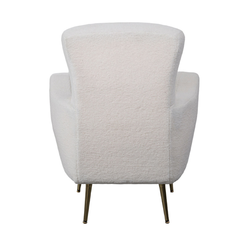 Espreguiçadeira individual em sherpa sintético creme com encosto curvo, pernas de metal dourado e apoios de braços Espreguiçadeira individual em sherpa sintético creme com encosto curvo, pernas de metal dourado e apoios de braços