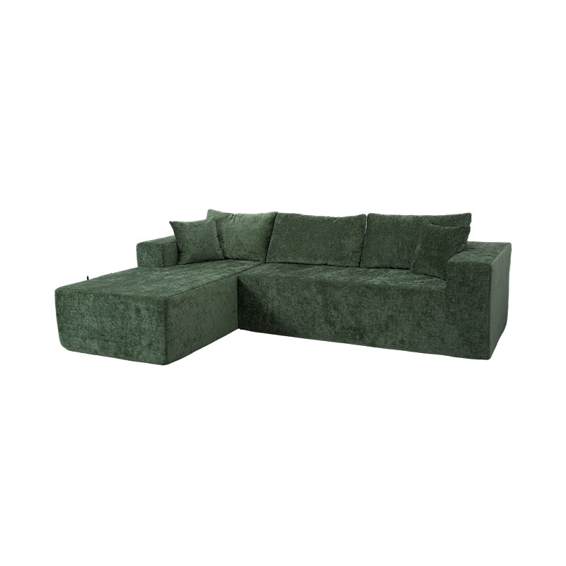 Sofá modular de canto em formato de L em veludo verde esmeralda com várias almofadas Sofá modular de canto em formato de L em veludo verde esmeralda com várias almofadas